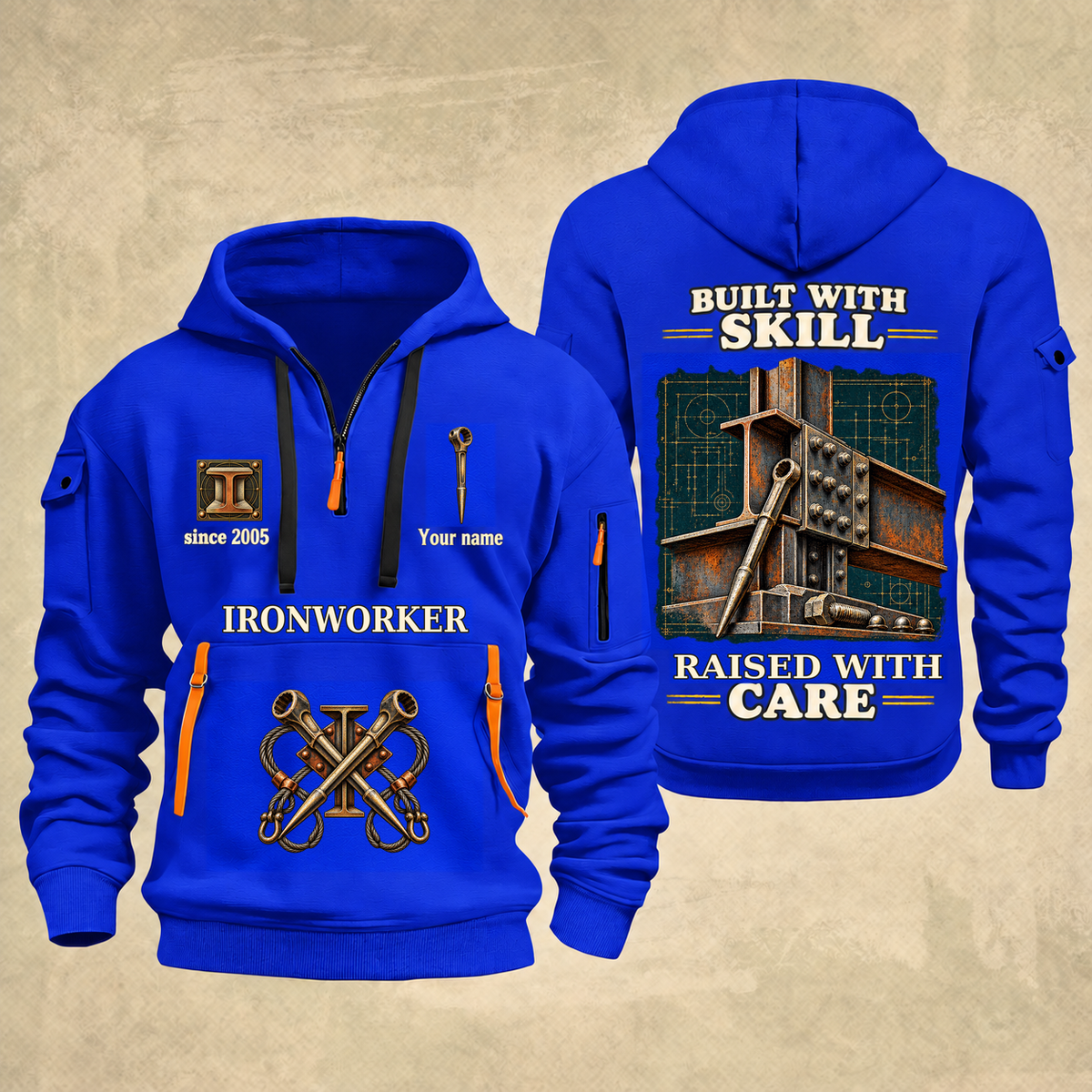 Ironworker Built With Skill Quarter-Zip Hoodie in Blue, full authentic front and back views with matching ironworker tools and equipment artwork, original sample name/year and Built With Skill slogan.