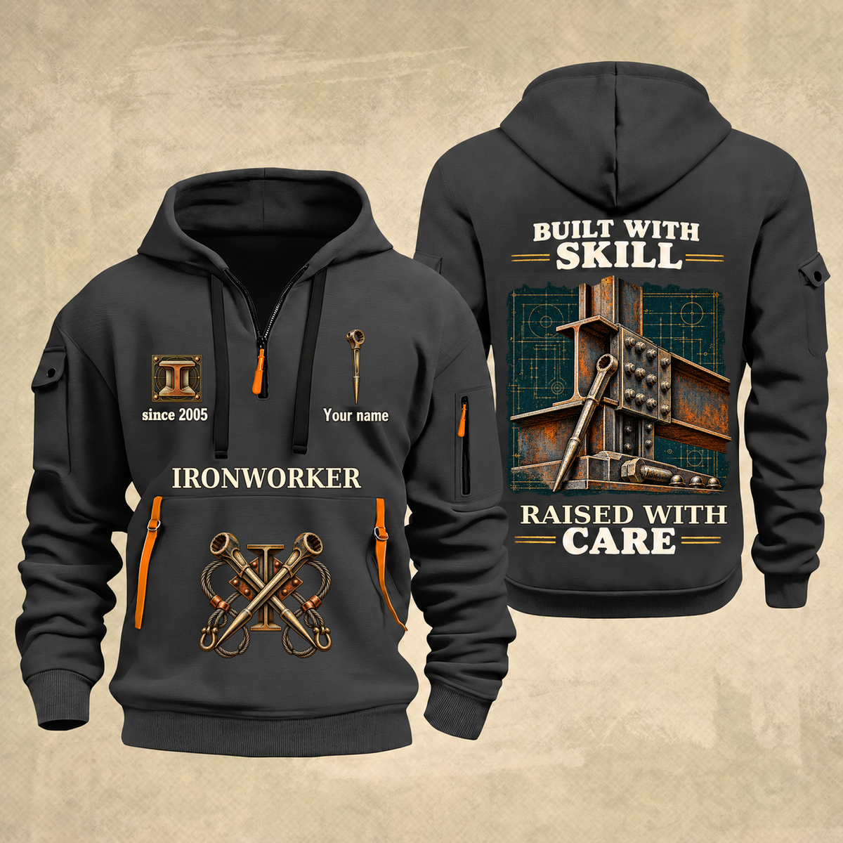 Ironworker Built With Skill Quarter-Zip Hoodie in Gray, full authentic front and back views with matching ironworker tools and equipment artwork, original sample name/year and Built With Skill slogan.