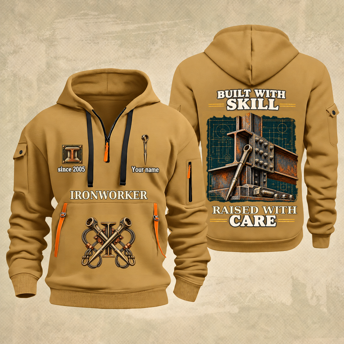 Ironworker Built With Skill Quarter-Zip Hoodie in Khaki, full authentic front and back views with matching ironworker tools and equipment artwork, original sample name/year and Built With Skill slogan.