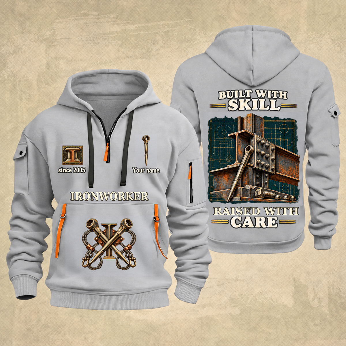 Ironworker Built With Skill Quarter-Zip Hoodie in Light Grey, full authentic front and back views with matching ironworker tools and equipment artwork, original sample name/year and Built With Skill slogan.