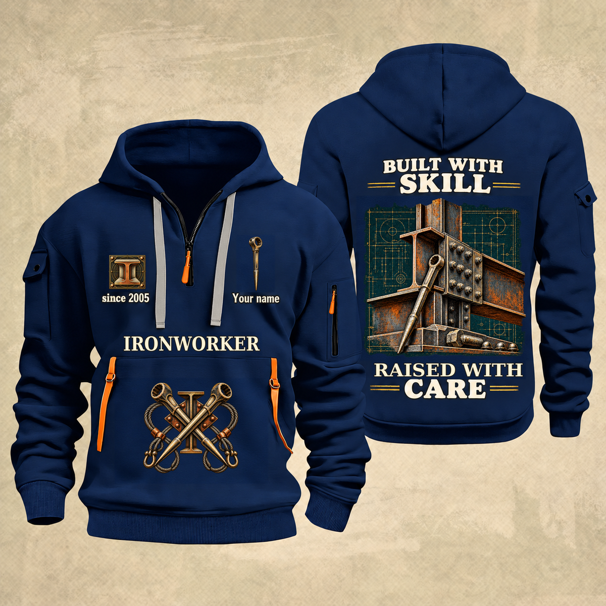 Ironworker Built With Skill Quarter-Zip Hoodie in Navy, full authentic front and back views with matching ironworker tools and equipment artwork, original sample name/year and Built With Skill slogan.