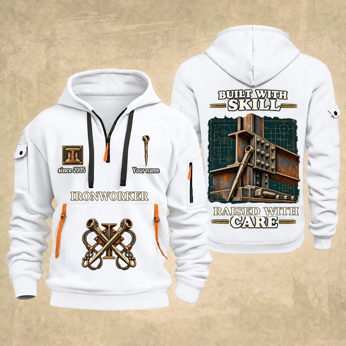 Ironworker Built With Skill Quarter-Zip Hoodie in White, full authentic front and back views with matching ironworker tools and equipment artwork, original sample name/year and Built With Skill slogan.
