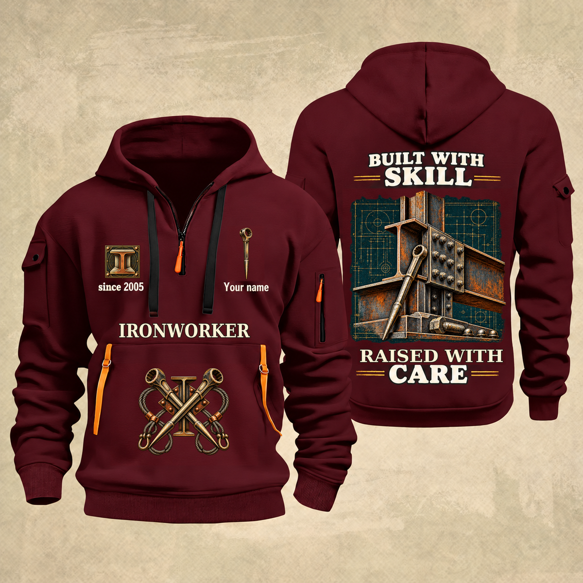 Ironworker Built With Skill Quarter-Zip Hoodie in Wine Red, full authentic front and back views with matching ironworker tools and equipment artwork, original sample name/year and Built With Skill slogan.