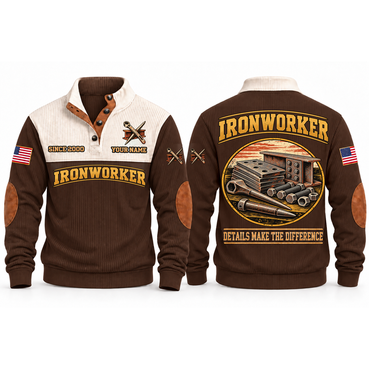 Ironworker Connected Steel Sports Sweatshirt in Brown, front and back garment views with steel connection plates, spud wrench, connecting pin, bolts and nuts, carefully arranged trade details, DETAILS MAKE THE DIFFERENCE lettering and source sample YOUR NAME and SINCE 2000 text.