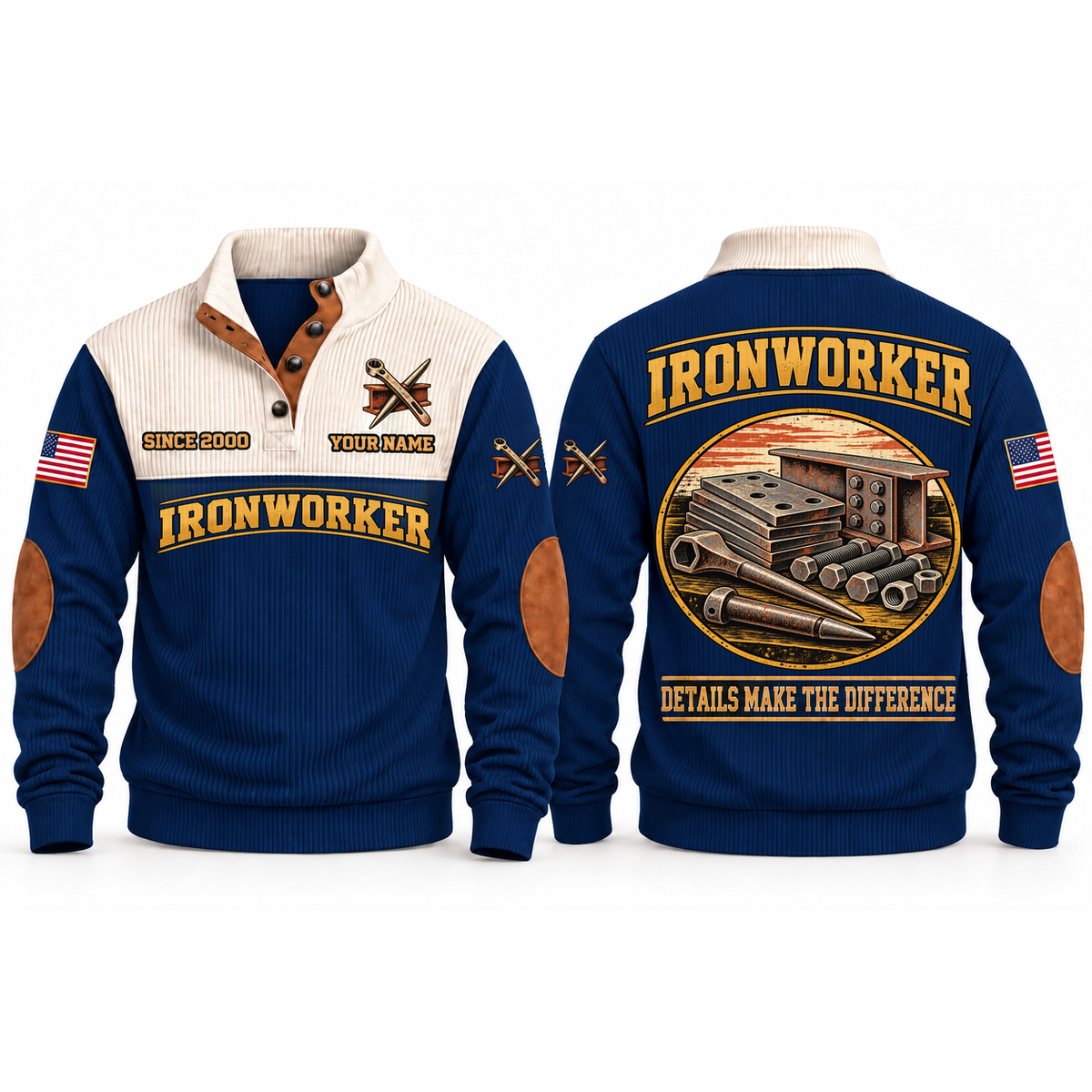 Ironworker Connected Steel Sports Sweatshirt in Navy, front and back garment views with steel connection plates, spud wrench, connecting pin, bolts and nuts, carefully arranged trade details, DETAILS MAKE THE DIFFERENCE lettering and source sample YOUR NAME and SINCE 2000 text.