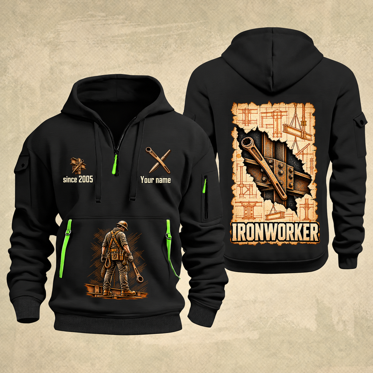 Ironworker Blueprint Quarter-Zip Hoodie in Black, authentic overlapping front and back views with ironworker artwork and source sample name/year lettering.