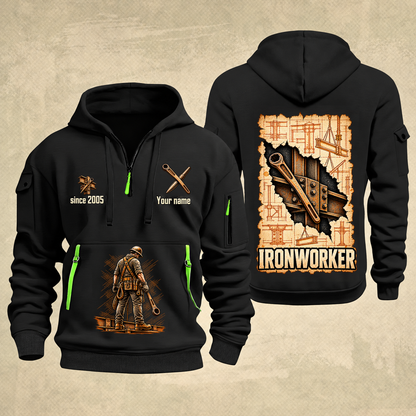 Ironworker Blueprint Quarter-Zip Hoodie in Black, authentic overlapping front and back views with ironworker artwork and source sample name/year lettering.