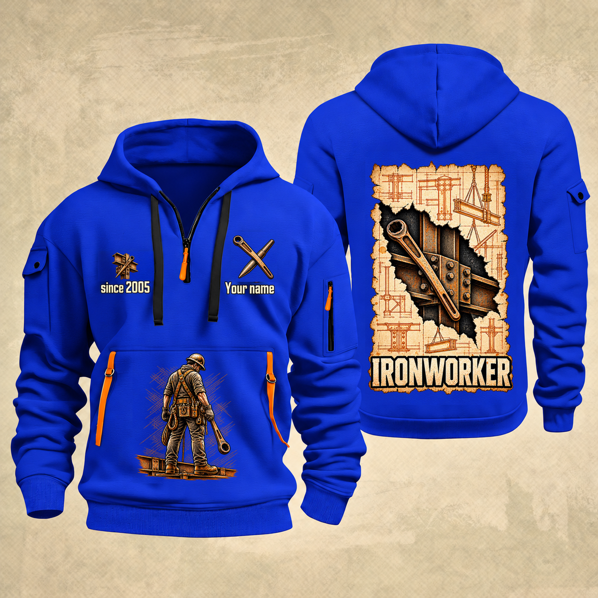 Ironworker Blueprint Quarter-Zip Hoodie in Blue, authentic overlapping front and back views with ironworker artwork and source sample name/year lettering.