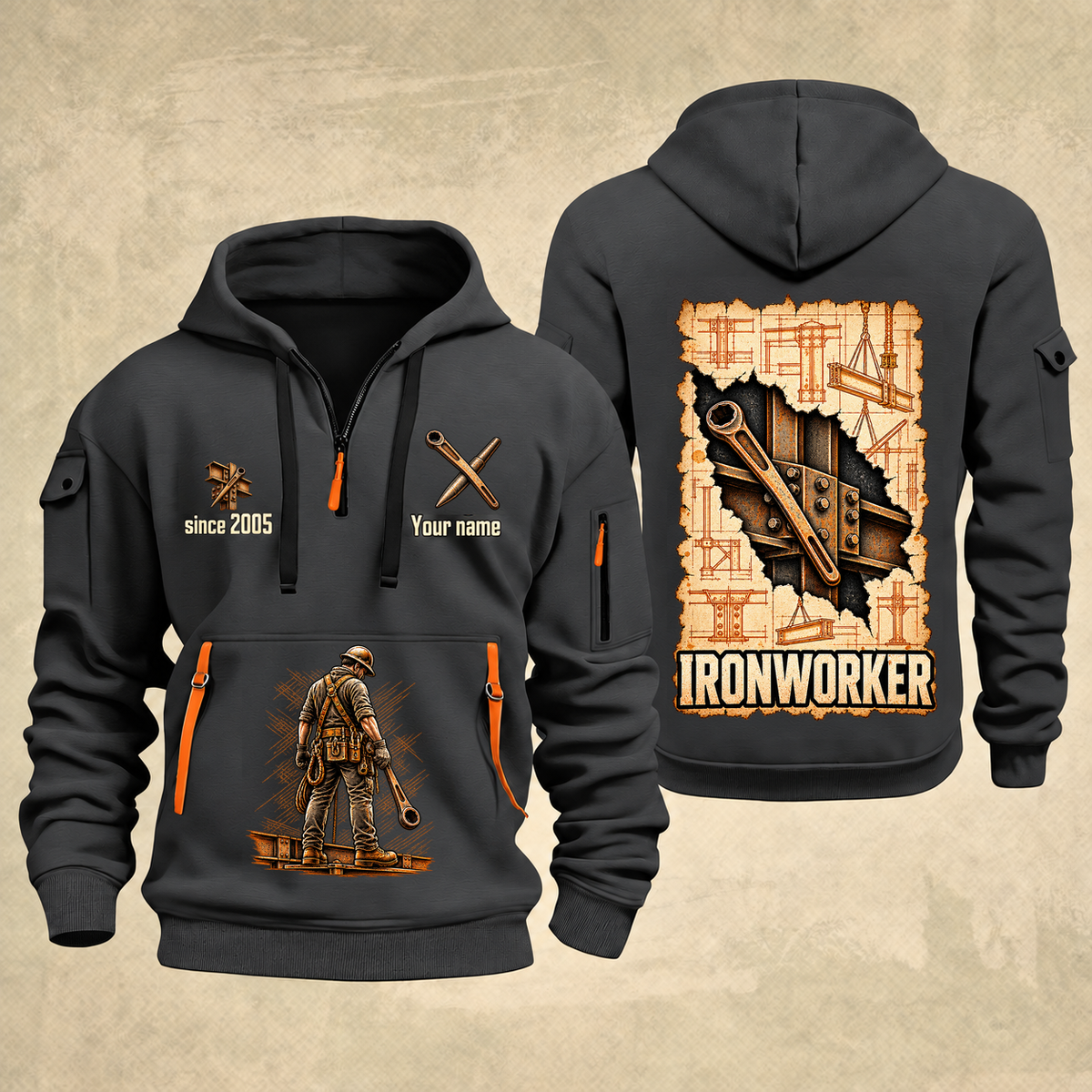 Ironworker Blueprint Quarter-Zip Hoodie in Gray, authentic overlapping front and back views with ironworker artwork and source sample name/year lettering.