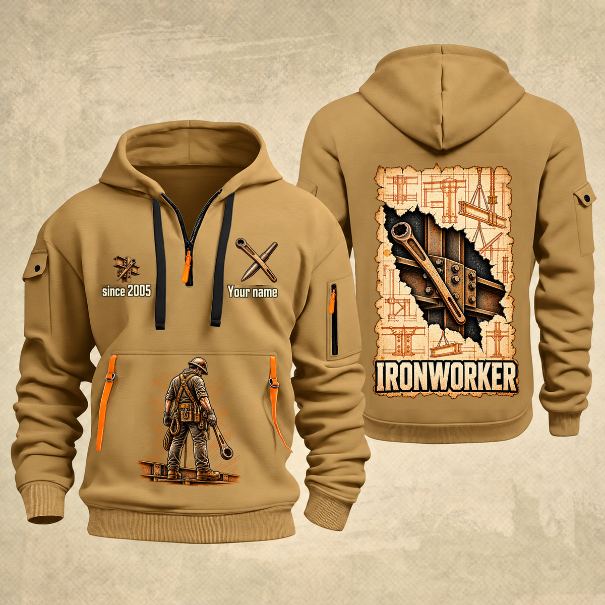 Ironworker Blueprint Quarter-Zip Hoodie in Khaki, authentic overlapping front and back views with ironworker artwork and source sample name/year lettering.