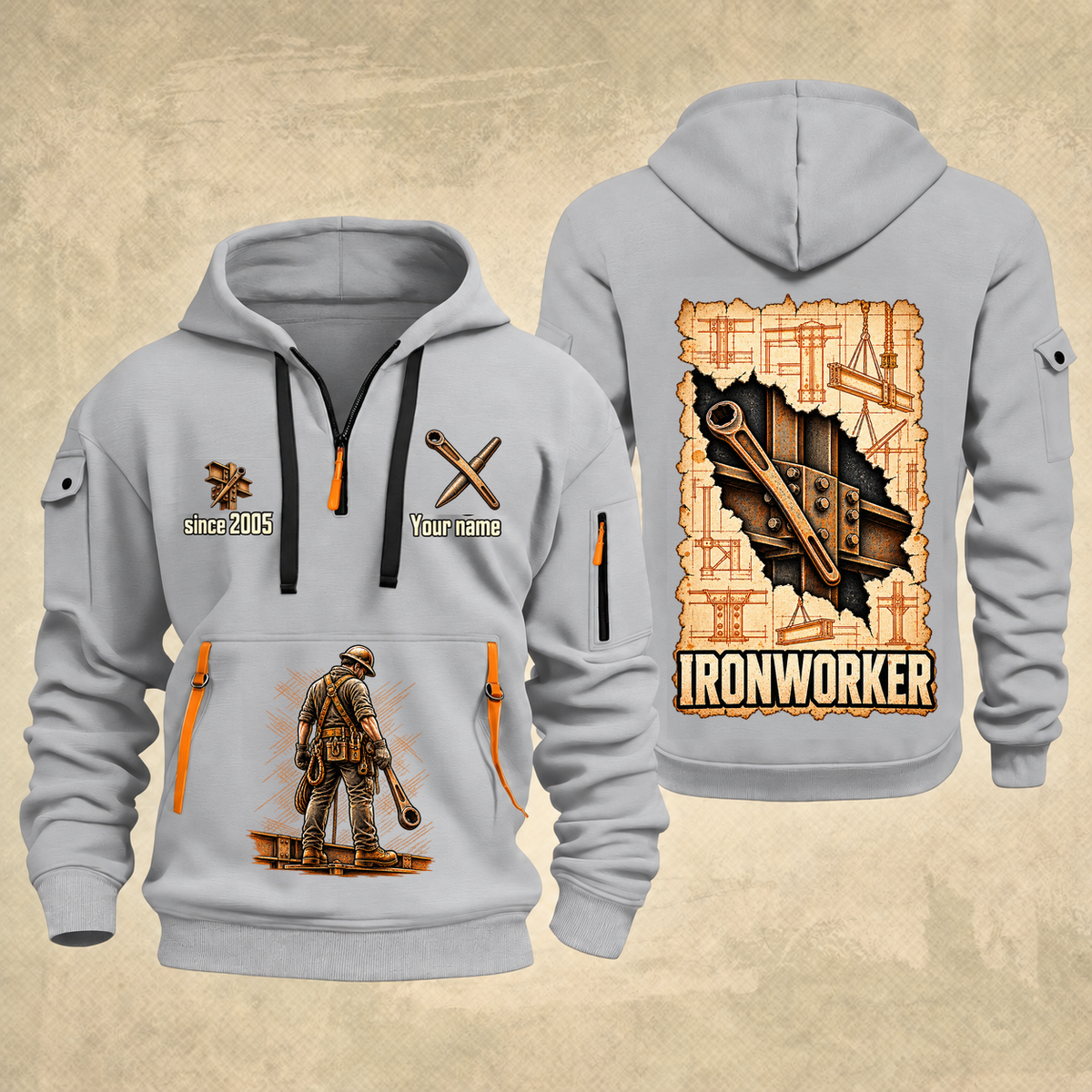 Ironworker Blueprint Quarter-Zip Hoodie in Light Grey, authentic overlapping front and back views with ironworker artwork and source sample name/year lettering.