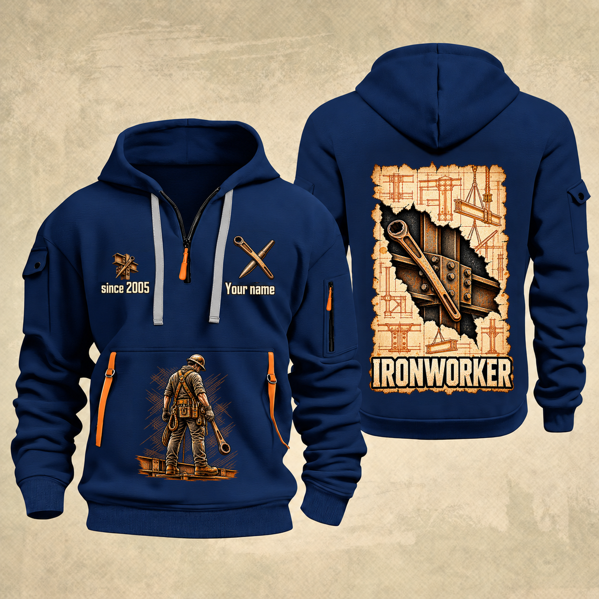Ironworker Blueprint Quarter-Zip Hoodie in Navy, authentic overlapping front and back views with ironworker artwork and source sample name/year lettering.