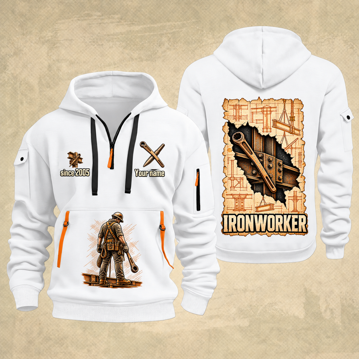 Ironworker Blueprint Quarter-Zip Hoodie in White, authentic overlapping front and back views with ironworker artwork and source sample name/year lettering.