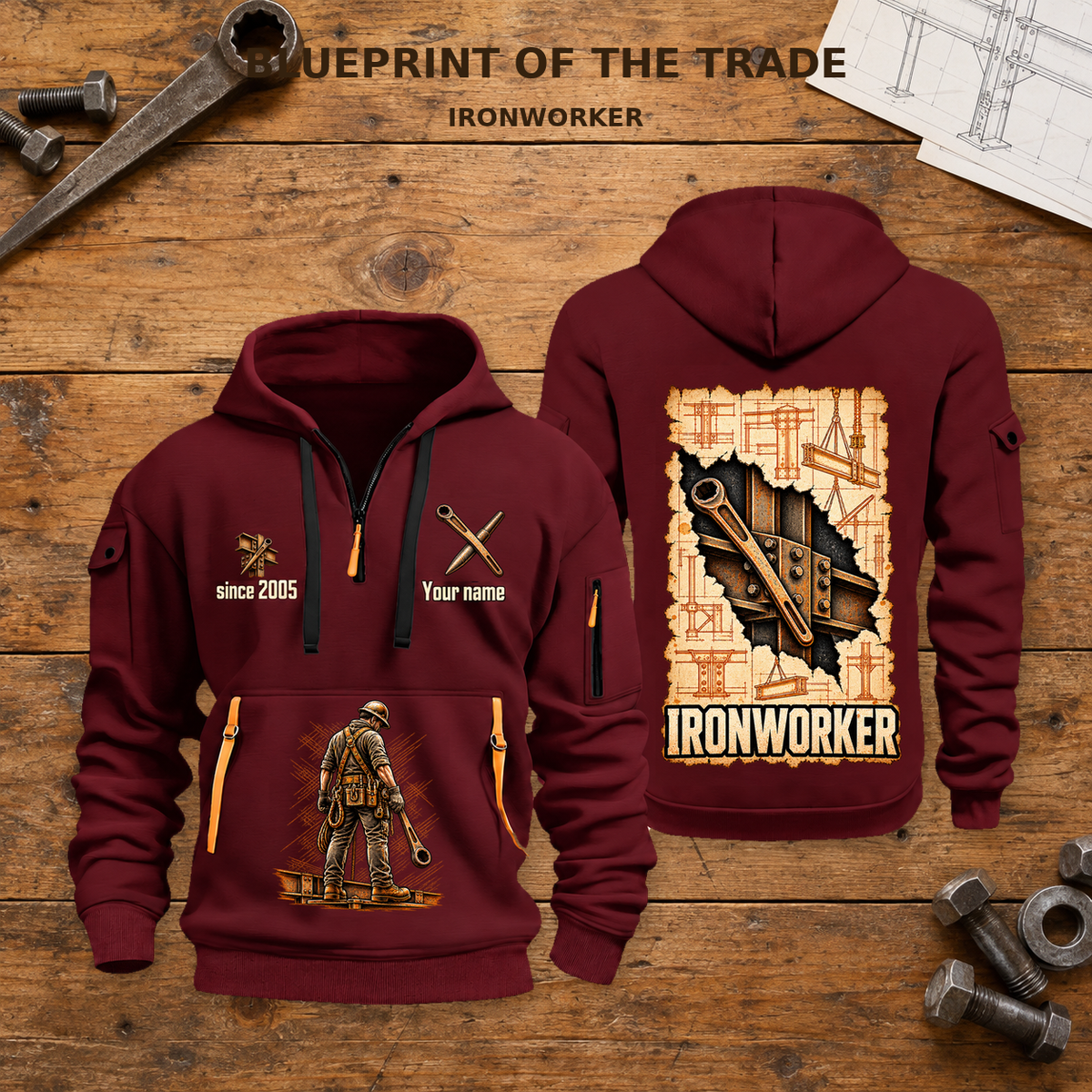 Ironworker Blueprint Quarter-Zip Hoodie in Wine Red, full front and back views on a ironworker workbench.