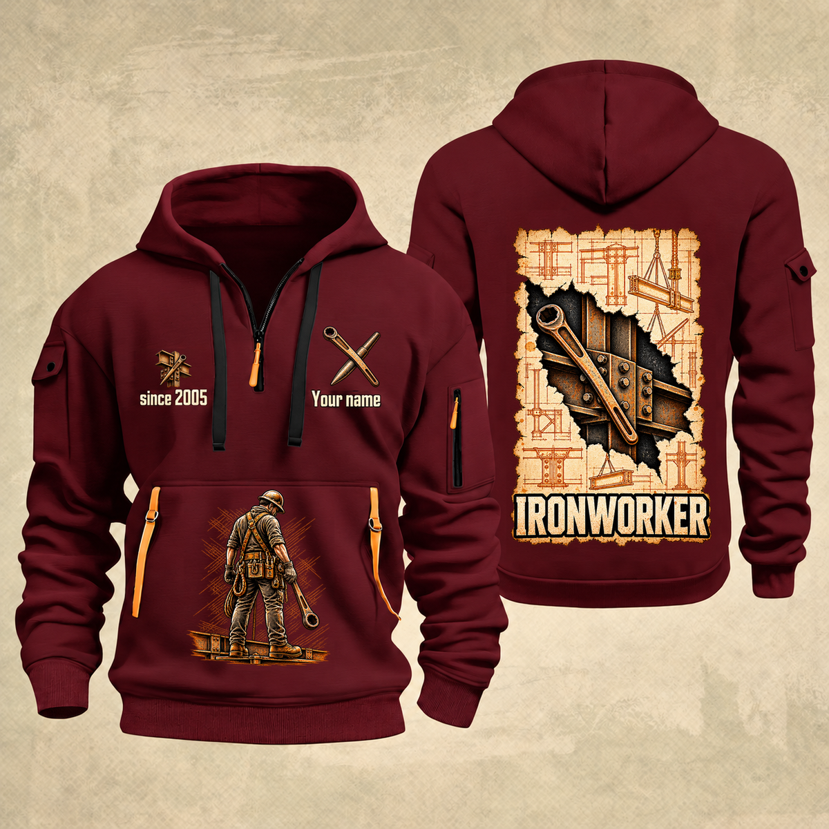 Ironworker Blueprint Quarter-Zip Hoodie in Wine Red, authentic overlapping front and back views with ironworker artwork and source sample name/year lettering.