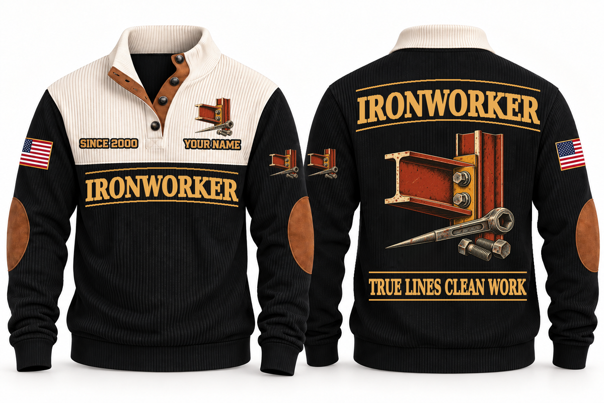 Ironworker Clean Craft Sports Sweatshirt in Black, front and source-visible back with occupation artwork, cream collar and sample YOUR NAME and SINCE 2000 text