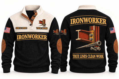 Ironworker Clean Craft Sports Sweatshirt in Black, front and source-visible back with occupation artwork, cream collar and sample YOUR NAME and SINCE 2000 text