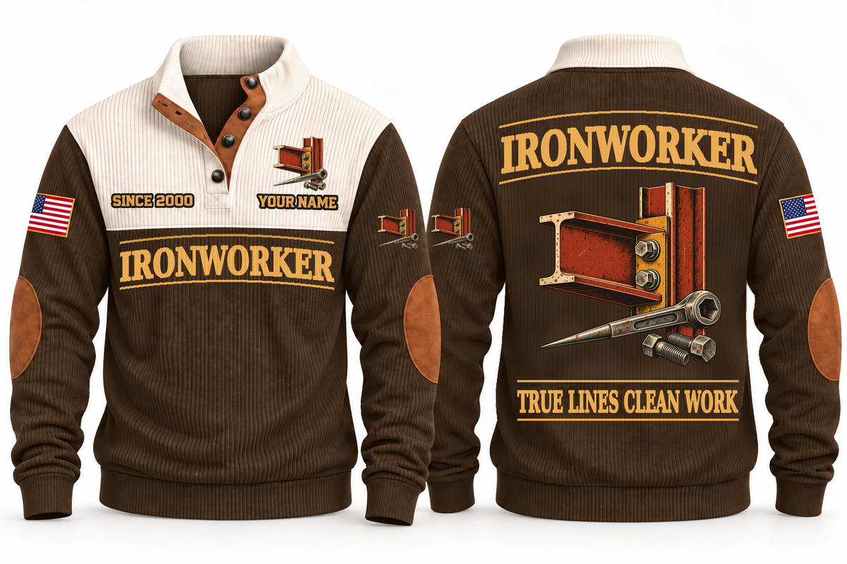 Ironworker Clean Craft Sports Sweatshirt in Brown, front and source-visible back with occupation artwork, cream collar and sample YOUR NAME and SINCE 2000 text