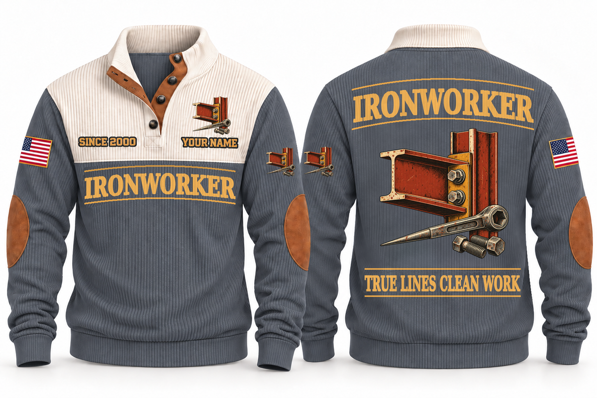 Ironworker Clean Craft Sports Sweatshirt in Grey, front and source-visible back with occupation artwork, cream collar and sample YOUR NAME and SINCE 2000 text