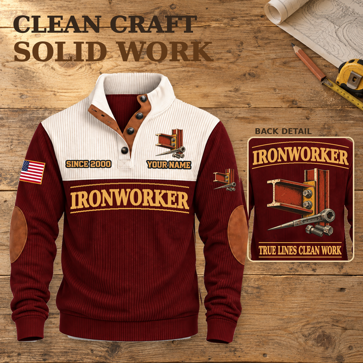 Ironworker Clean Craft Sports Sweatshirt in Jujube Red, dominant complete front and back artwork detail inset on a workbench.