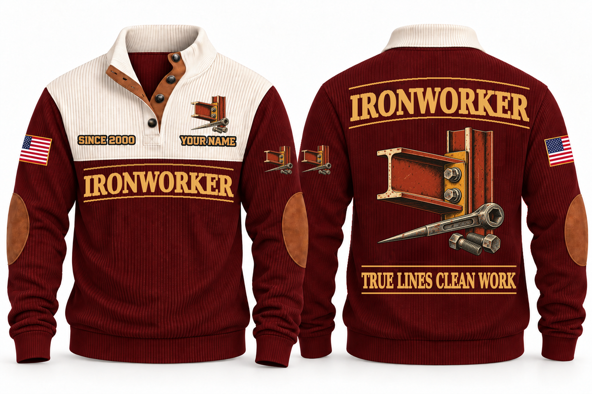 Ironworker Clean Craft Sports Sweatshirt in Jujube Red, front and source-visible back with occupation artwork, cream collar and sample YOUR NAME and SINCE 2000 text