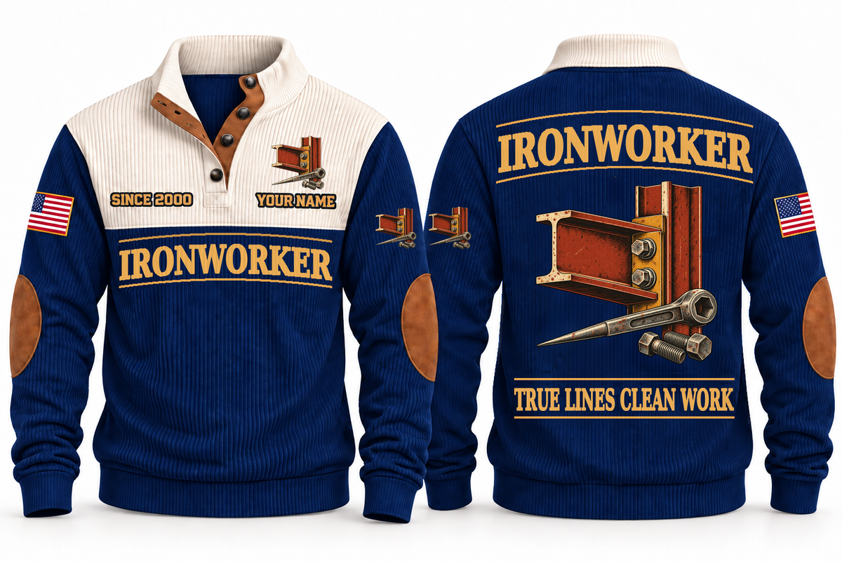 Ironworker Clean Craft Sports Sweatshirt in Navy, front and source-visible back with occupation artwork, cream collar and sample YOUR NAME and SINCE 2000 text