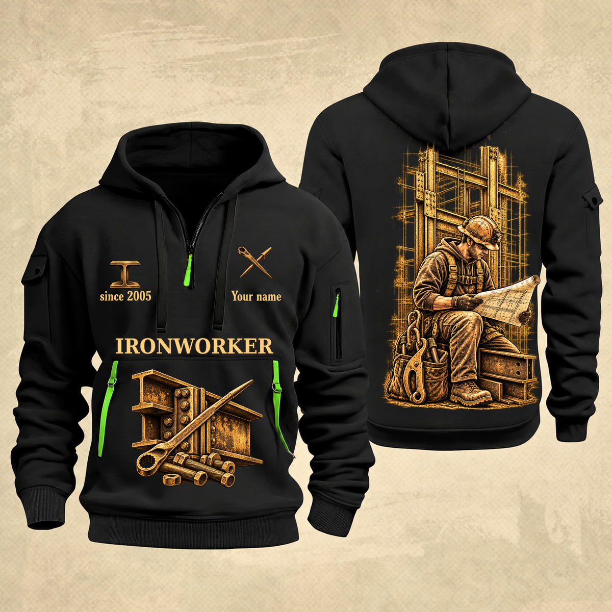 Ironworker Copper Craft Quarter-Zip Hoodie in Black, full authentic front and back views with matching ironworker tools and equipment artwork, original sample name/year and Copper Craft planning theme.