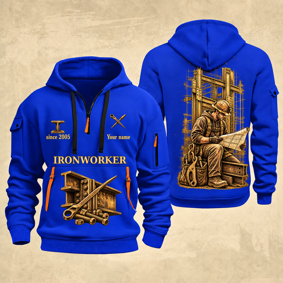 Ironworker Copper Craft Quarter-Zip Hoodie in Blue, full authentic front and back views with matching ironworker tools and equipment artwork, original sample name/year and Copper Craft planning theme.