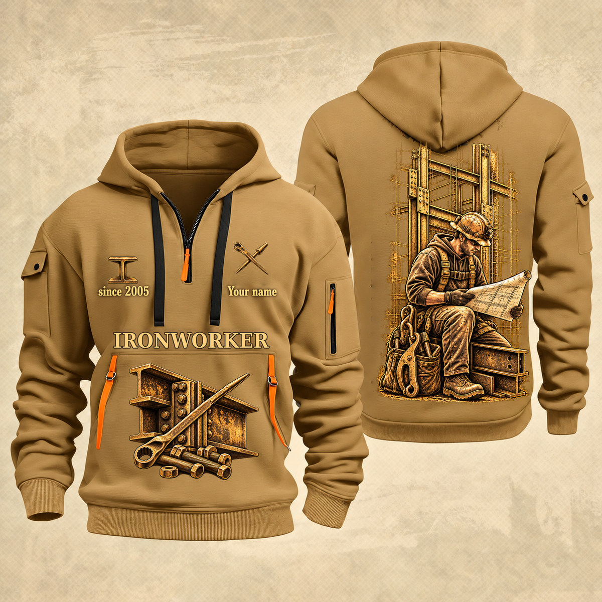 Ironworker Copper Craft Quarter-Zip Hoodie in Khaki, full authentic front and back views with matching ironworker tools and equipment artwork, original sample name/year and Copper Craft planning theme.