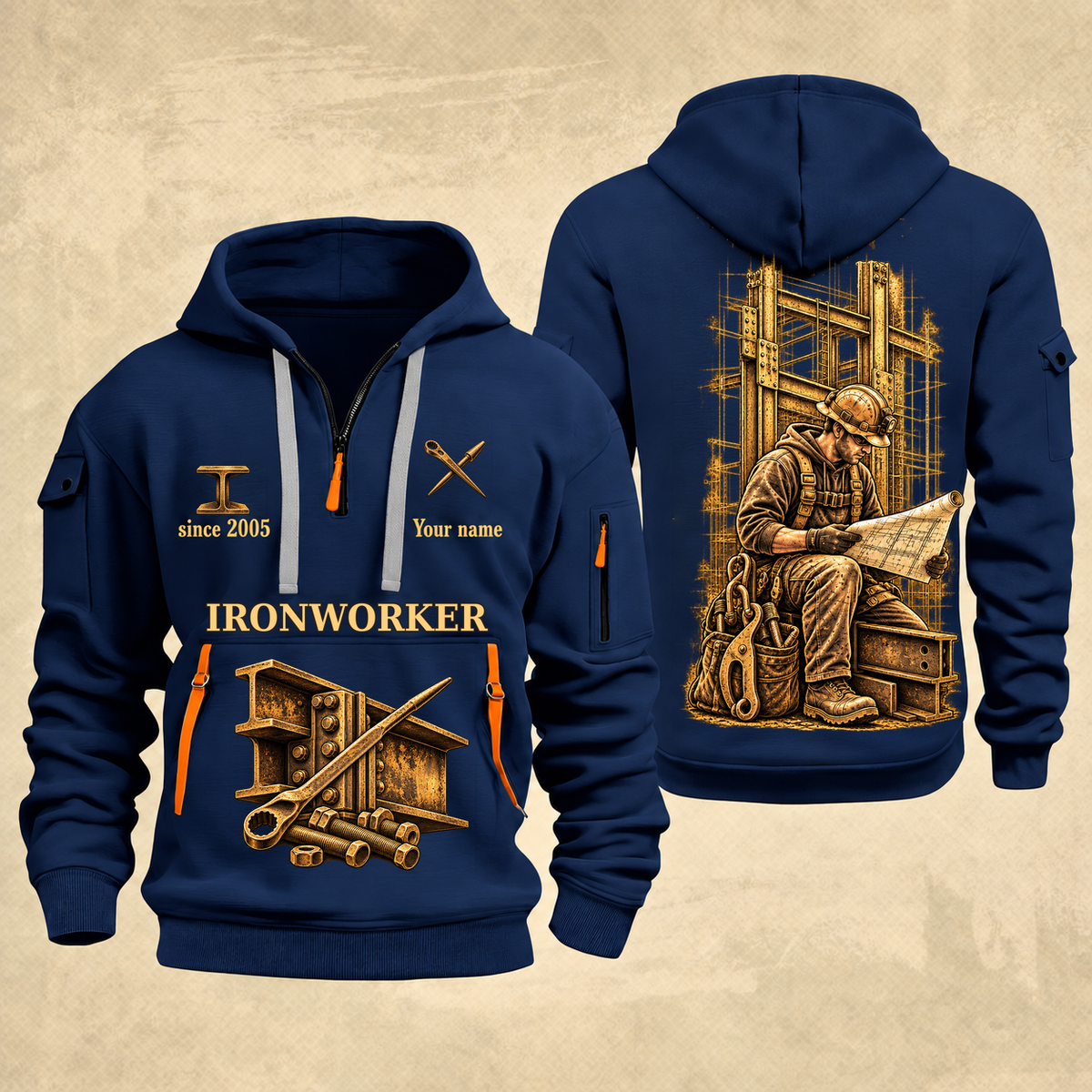 Ironworker Copper Craft Quarter-Zip Hoodie in Navy, full authentic front and back views with matching ironworker tools and equipment artwork, original sample name/year and Copper Craft planning theme.