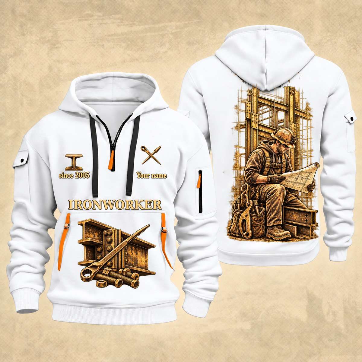 Ironworker Copper Craft Quarter-Zip Hoodie in White, full authentic front and back views with matching ironworker tools and equipment artwork, original sample name/year and Copper Craft planning theme.