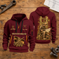 Ironworker Copper Craft Quarter-Zip Hoodie in Wine Red, full authentic front and back views with matching ironworker tools and equipment artwork, original sample name/year and Copper Craft planning theme. On a ironworker workbench.
