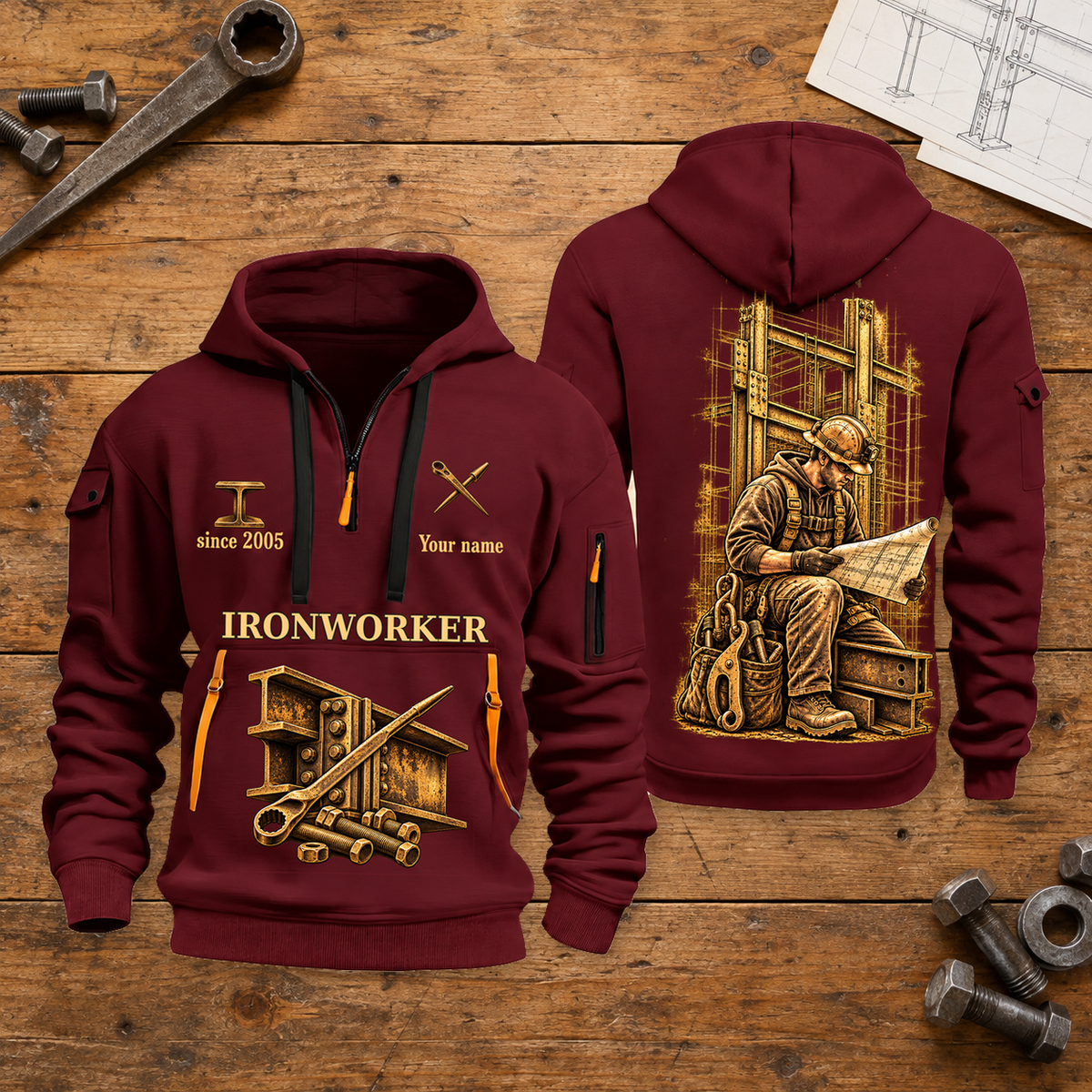 Ironworker Copper Craft Quarter-Zip Hoodie in Wine Red, full authentic front and back views with matching ironworker tools and equipment artwork, original sample name/year and Copper Craft planning theme. On a ironworker workbench.