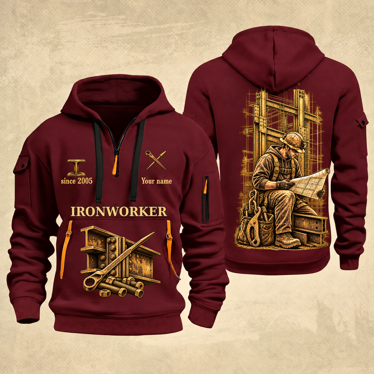 Ironworker Copper Craft Quarter-Zip Hoodie in Wine Red, full authentic front and back views with matching ironworker tools and equipment artwork, original sample name/year and Copper Craft planning theme.