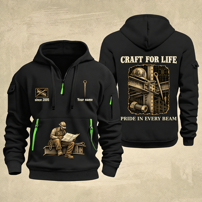 Ironworker Craft For Life Quarter-Zip Hoodie in Black, full authentic front and back views with matching ironworker tools and equipment artwork, original sample name/year and Craft For Life slogan.
