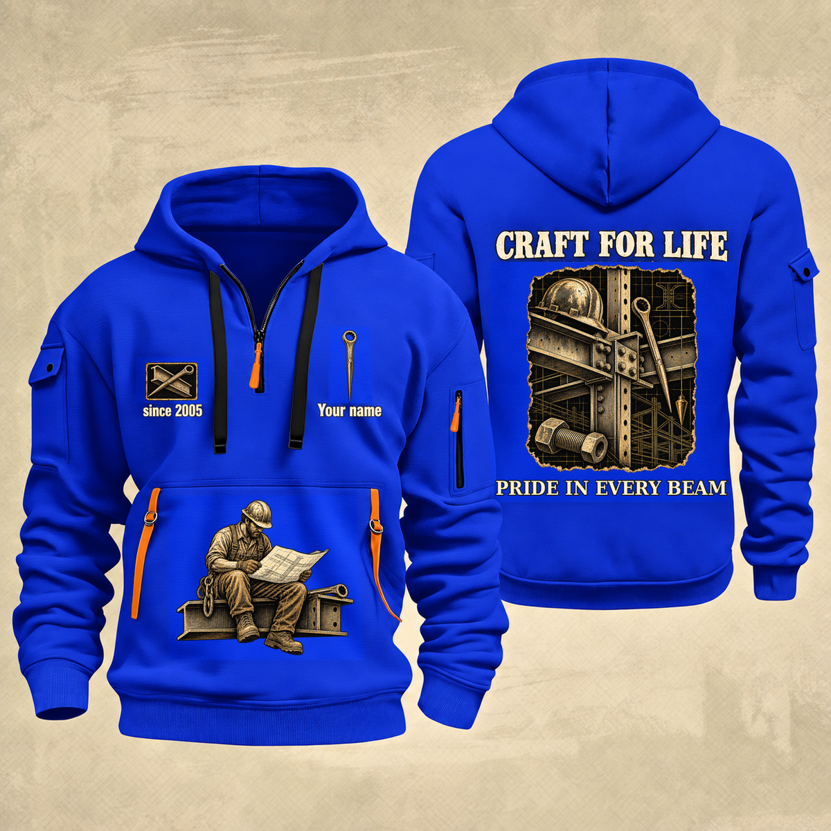 Ironworker Craft For Life Quarter-Zip Hoodie in Blue, full authentic front and back views with matching ironworker tools and equipment artwork, original sample name/year and Craft For Life slogan.