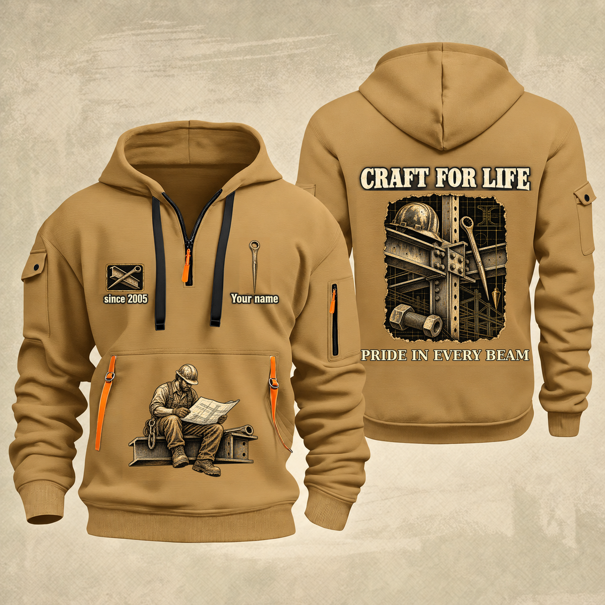 Ironworker Craft For Life Quarter-Zip Hoodie in Khaki, full authentic front and back views with matching ironworker tools and equipment artwork, original sample name/year and Craft For Life slogan.