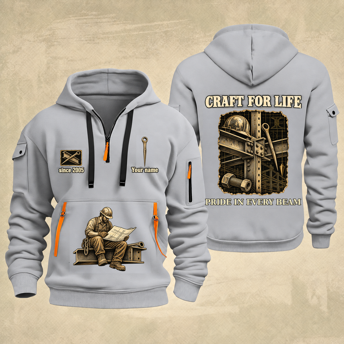 Ironworker Craft For Life Quarter-Zip Hoodie in Light Grey, full authentic front and back views with matching ironworker tools and equipment artwork, original sample name/year and Craft For Life slogan.
