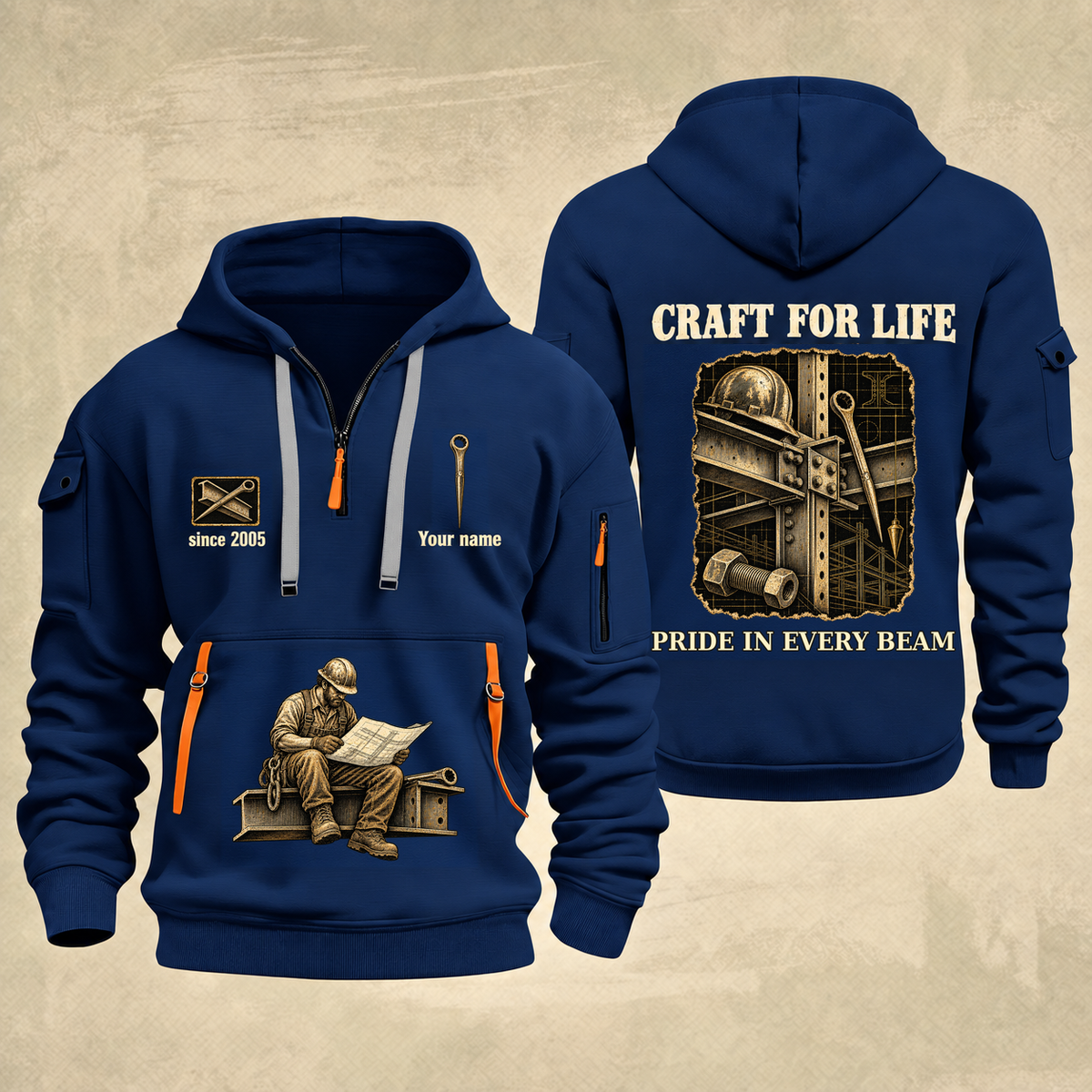 Ironworker Craft For Life Quarter-Zip Hoodie in Navy, full authentic front and back views with matching ironworker tools and equipment artwork, original sample name/year and Craft For Life slogan.