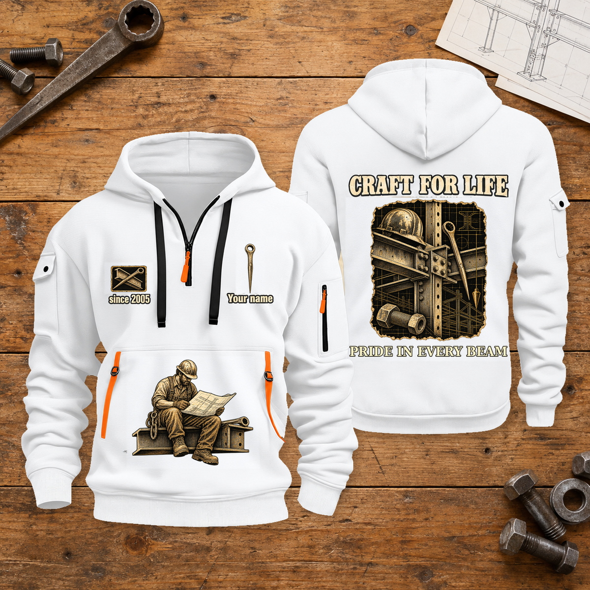 Ironworker Craft For Life Quarter-Zip Hoodie in White, full authentic front and back views with matching ironworker tools and equipment artwork, original sample name/year and Craft For Life slogan. On a ironworker workbench.