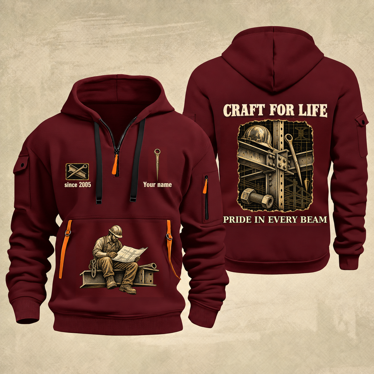 Ironworker Craft For Life Quarter-Zip Hoodie in Wine Red, full authentic front and back views with matching ironworker tools and equipment artwork, original sample name/year and Craft For Life slogan.