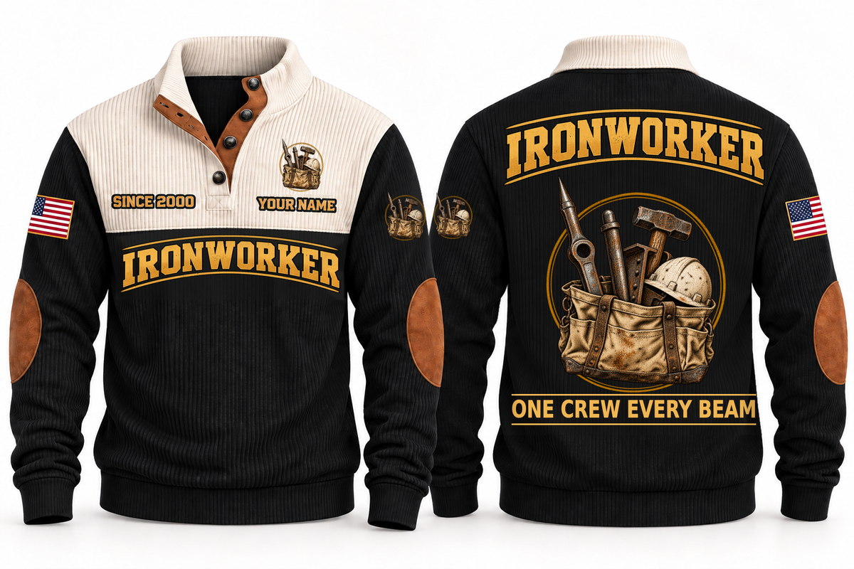 Ironworker Steel Crew Sports Sweatshirt in Black, full front and back garment views with spud wrench, structural bolt, steel beam, hammer, hard hat and tool bag artwork, ONE CREW EVERY BEAM wording and source sample YOUR NAME and SINCE 2000 text.