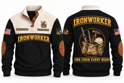 Ironworker Steel Crew Sports Sweatshirt in Black, full front and back garment views with spud wrench, structural bolt, steel beam, hammer, hard hat and tool bag artwork, ONE CREW EVERY BEAM wording and source sample YOUR NAME and SINCE 2000 text.