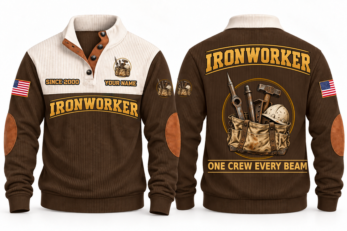 Ironworker Steel Crew Sports Sweatshirt in Brown, full front and back garment views with spud wrench, structural bolt, steel beam, hammer, hard hat and tool bag artwork, ONE CREW EVERY BEAM wording and source sample YOUR NAME and SINCE 2000 text.