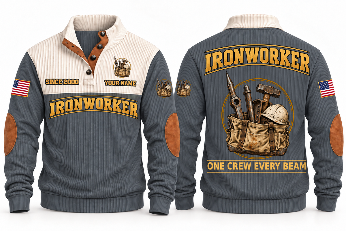 Ironworker Steel Crew Sports Sweatshirt in Grey, full front and back garment views with spud wrench, structural bolt, steel beam, hammer, hard hat and tool bag artwork, ONE CREW EVERY BEAM wording and source sample YOUR NAME and SINCE 2000 text.