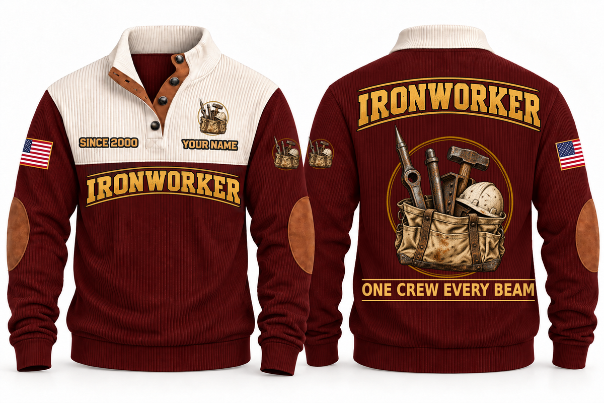 Ironworker Steel Crew Sports Sweatshirt in Jujube Red, full front and back garment views with spud wrench, structural bolt, steel beam, hammer, hard hat and tool bag artwork, ONE CREW EVERY BEAM wording and source sample YOUR NAME and SINCE 2000 text.