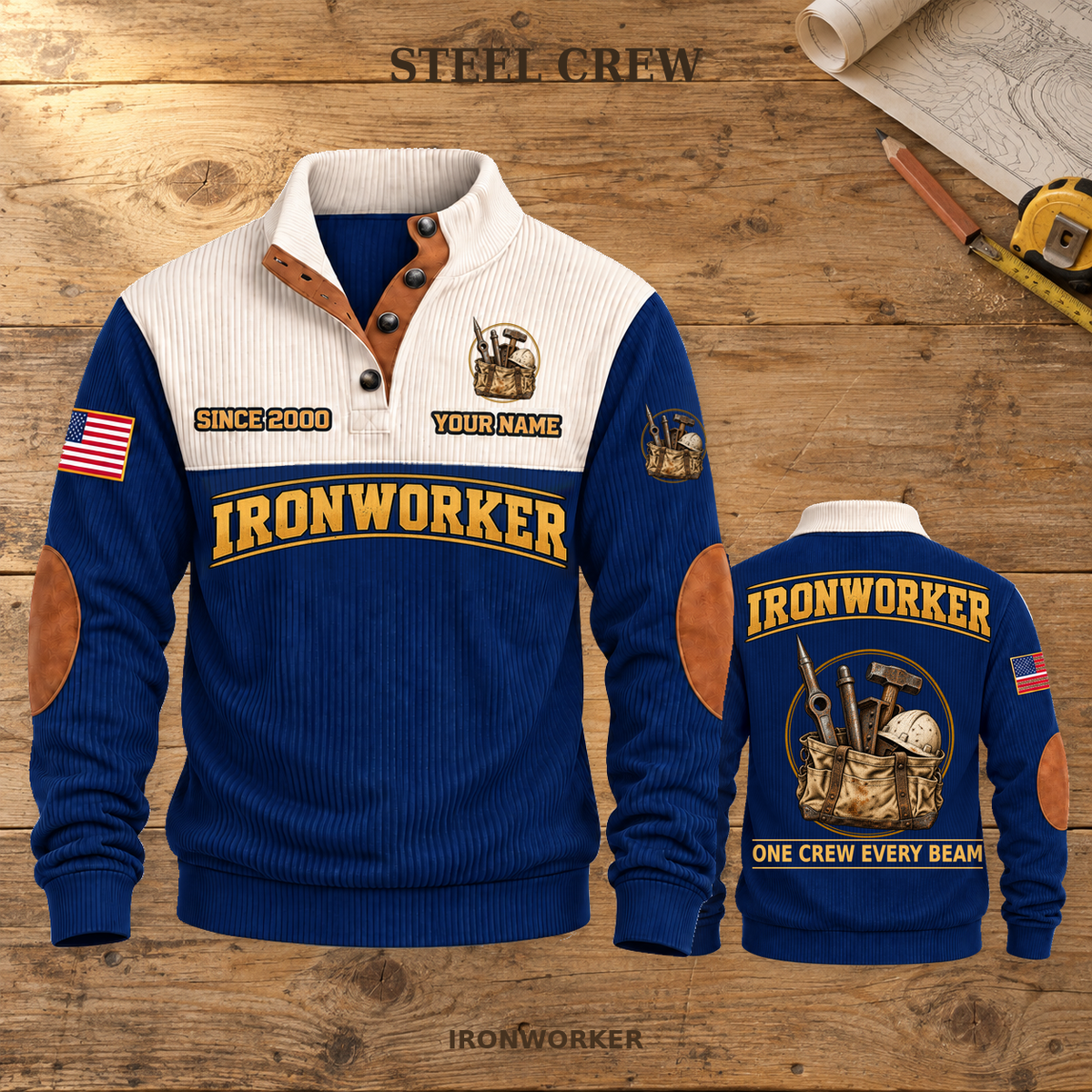 Ironworker Steel Crew Sports Sweatshirt in Navy, dominant front and smaller back view on a warm wooden workbench, with STEEL CREW headline.