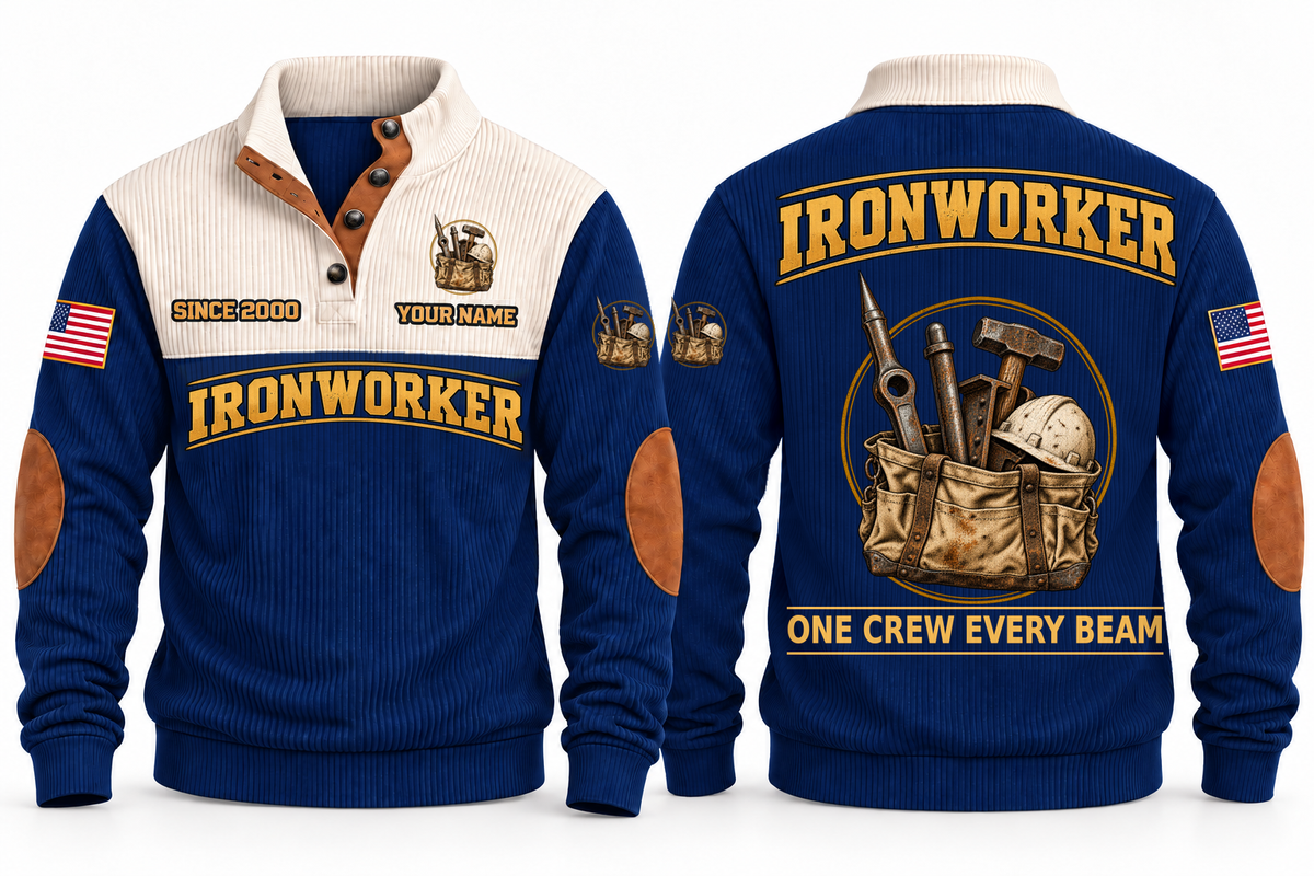 Ironworker Steel Crew Sports Sweatshirt in Navy, full front and back garment views with spud wrench, structural bolt, steel beam, hammer, hard hat and tool bag artwork, ONE CREW EVERY BEAM wording and source sample YOUR NAME and SINCE 2000 text.