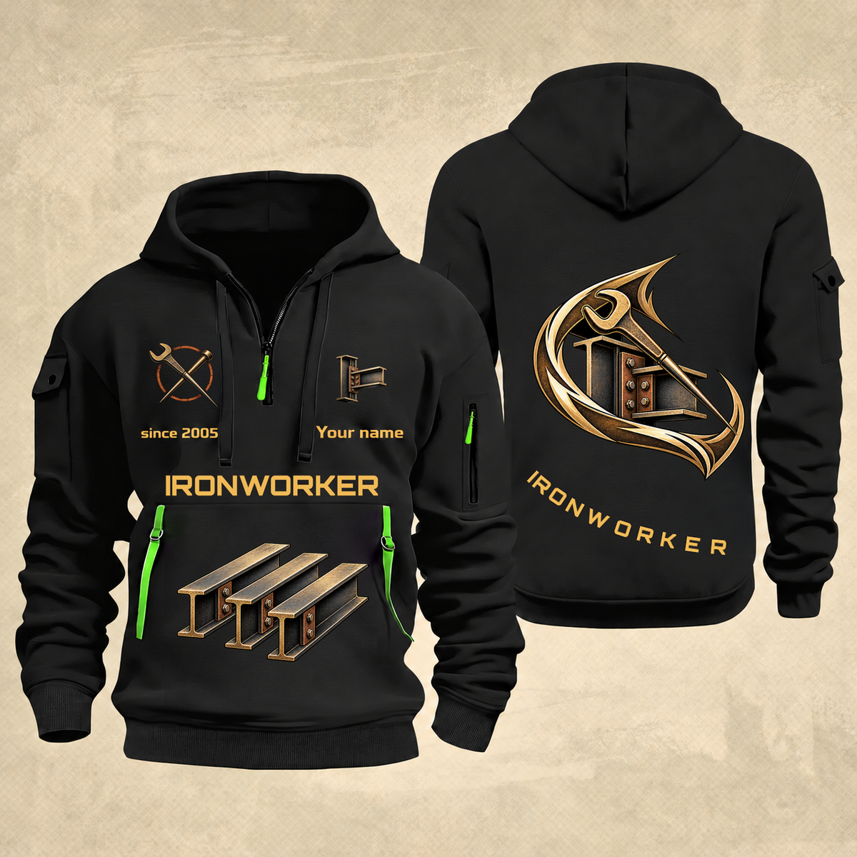 Ironworker Flow of Craft Quarter-Zip Hoodie in Black, full authentic front and back views with matching ironworker tools and equipment artwork, original sample name/year and curved gold occupation lettering.