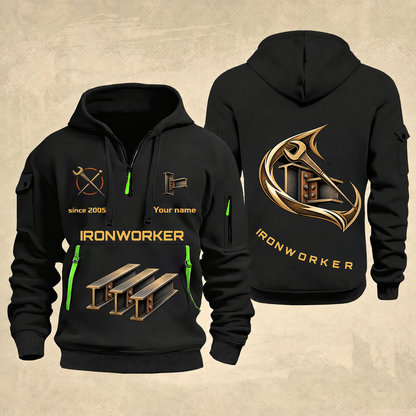 Ironworker Flow of Craft Quarter-Zip Hoodie in Black, full authentic front and back views with matching ironworker tools and equipment artwork, original sample name/year and curved gold occupation lettering.